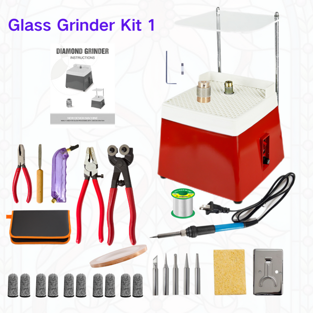 Red Grinder Set No.1 Stained Glass Supplies，Stained Glass Kits with Glass Grinder Set ,Soldering Iron Kit,Glass Cutter Tool Kit 