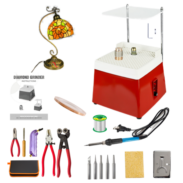  Red Grinder Set No.2 Stained Glass Supplies，Stained Glass Kits with Glass Grinder Set ,Soldering Iron Kit,Glass Cutter Tool Kit 